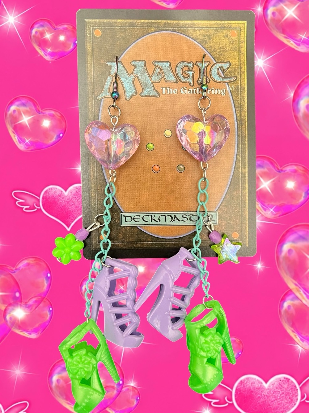Handmade barbie Dangle Earrings - Purple & Neon Green Heart Charm